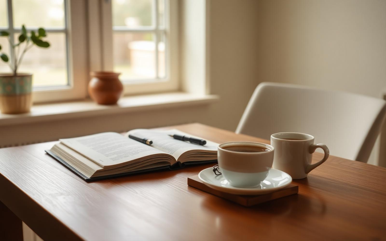 Wohnzimmertisch mit aufgeschlagenem Notizbuch, Stift und Tasse am Fenster