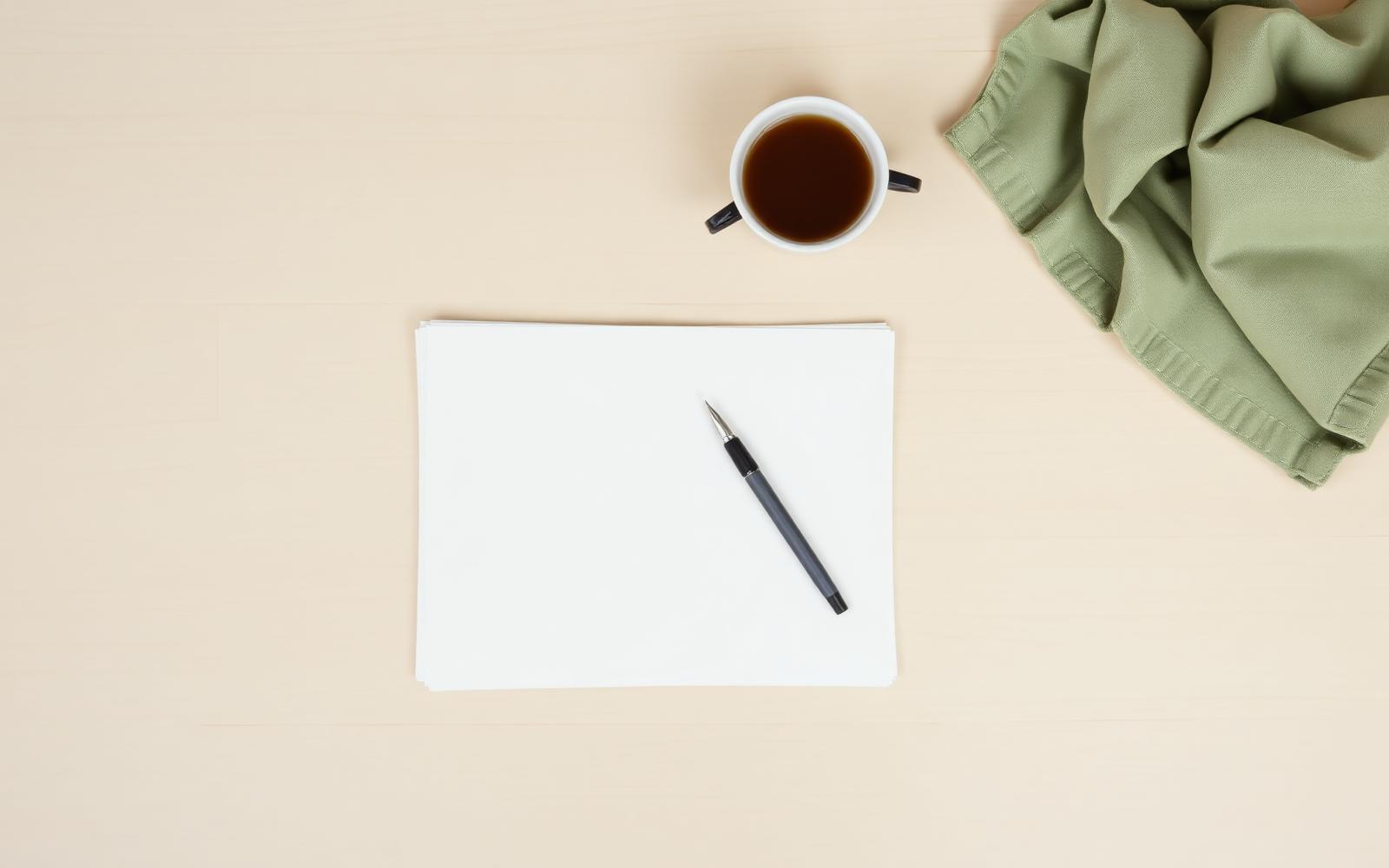 Unterlagen, Stift und eine Tasse Tee auf einem hellen Tisch