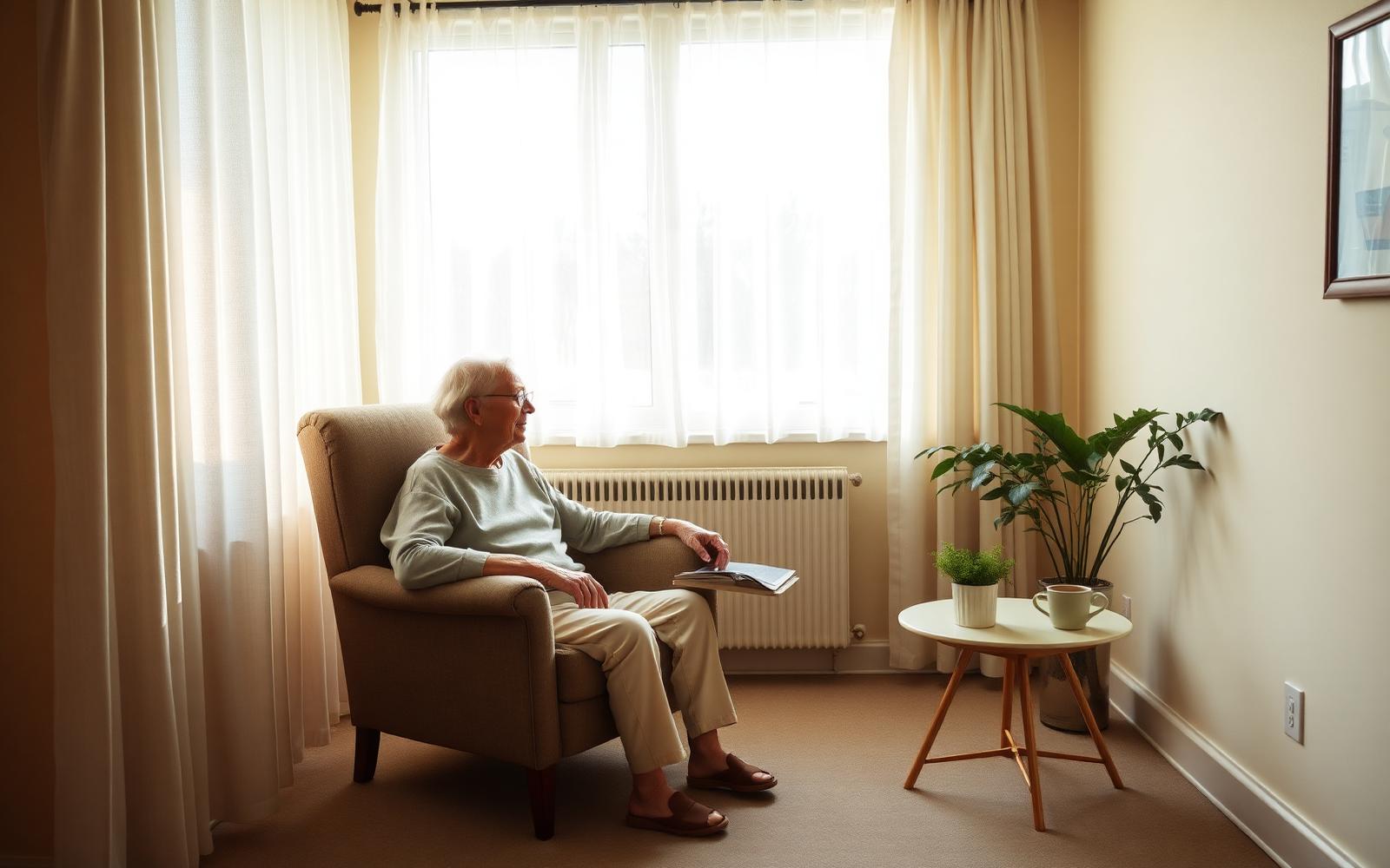 Helles, ruhiges Wohnzimmer mit Sessel und Pflanzen